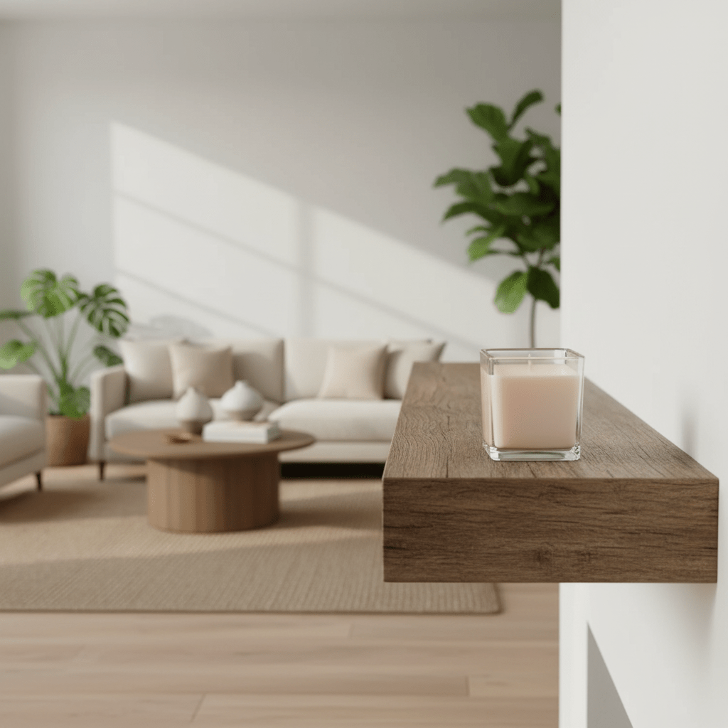 Modern living room with a wooden console table, sofa, and plants.
