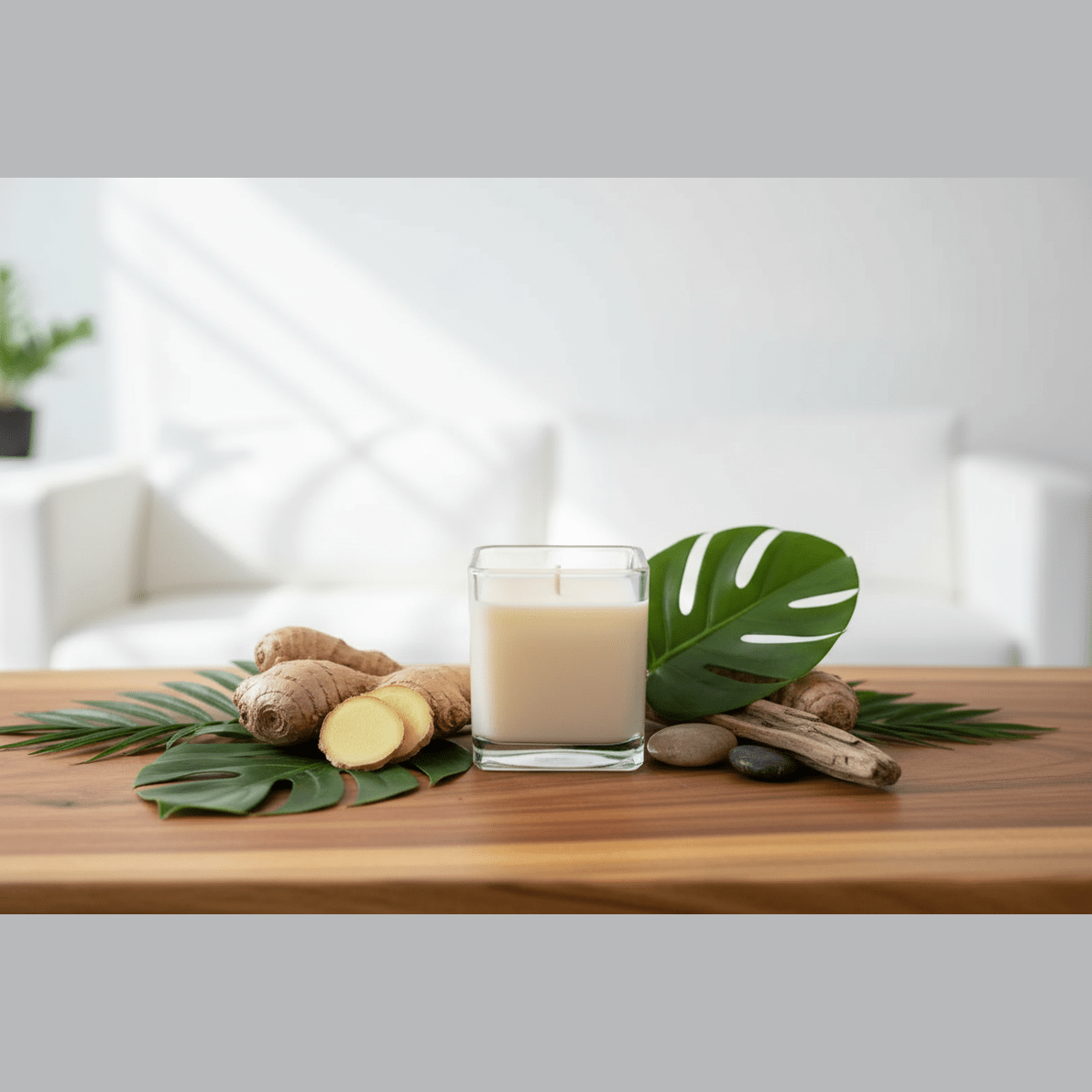 Candle in a glass jar with ginger root and leaves on a wooden surface