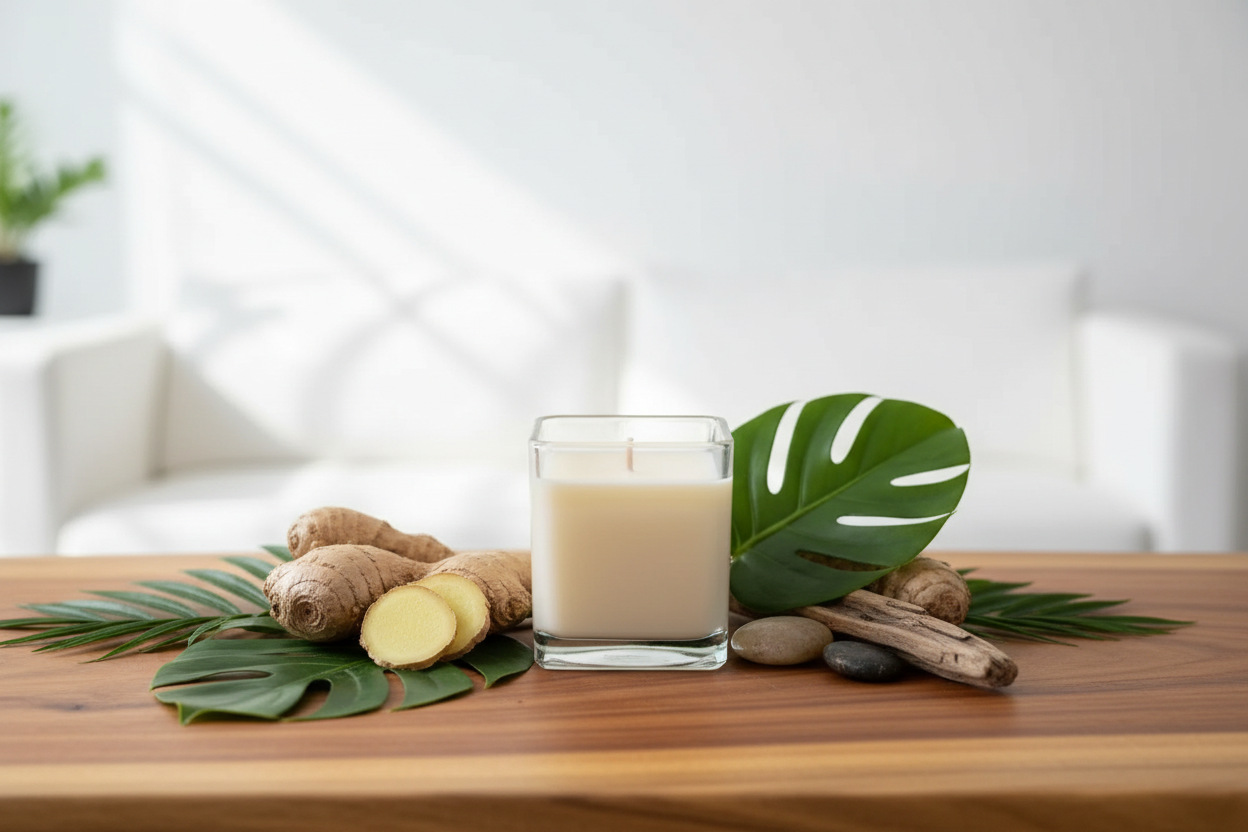 Candle in a glass jar with ginger root and leaves on a wooden surface