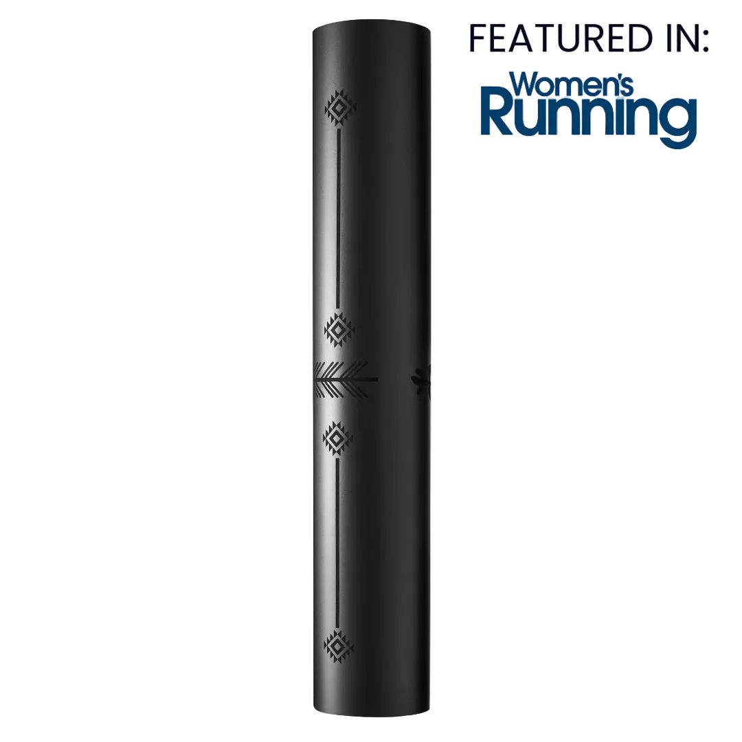 Black rolled-up yoga mat with decorative elements on a white background, featuring 'Women's Running' text.