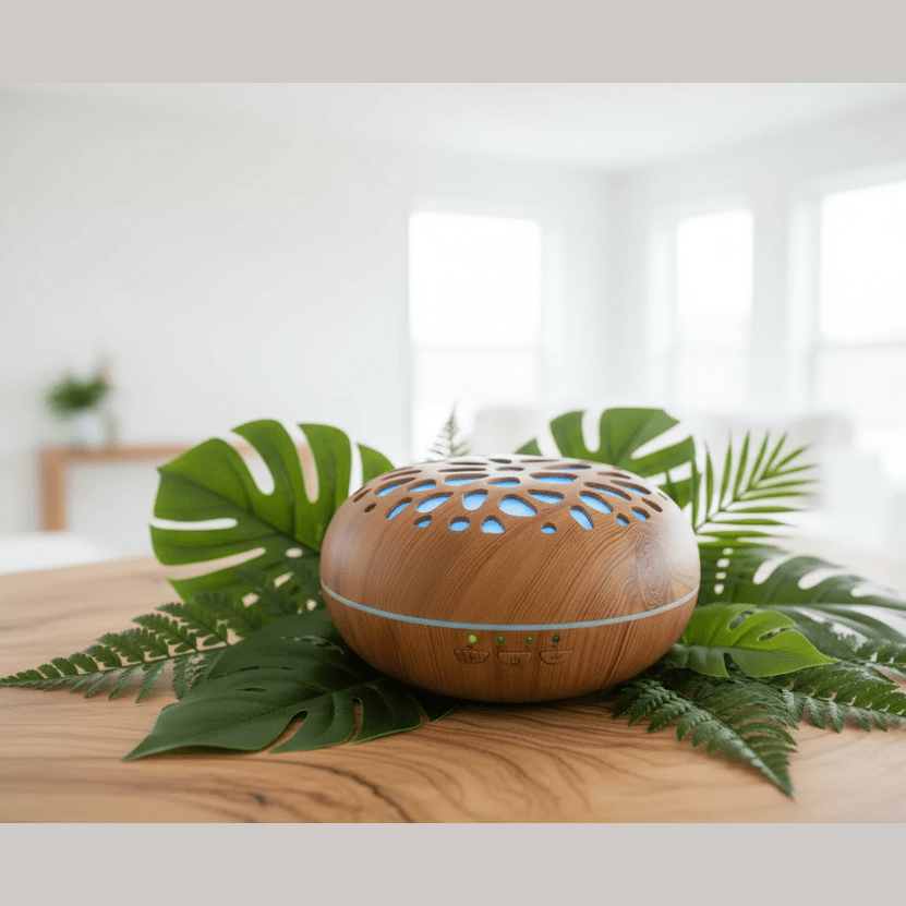Wooden diffuser with green leaves on a wooden surface