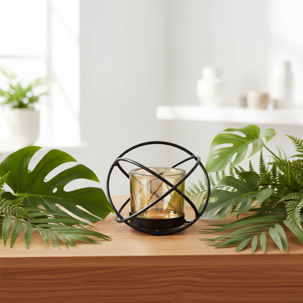 A black metal spherical candle holder with a small amber glass insert, displayed on a wooden surface with green tropical leaves in a softly lit interior setting.