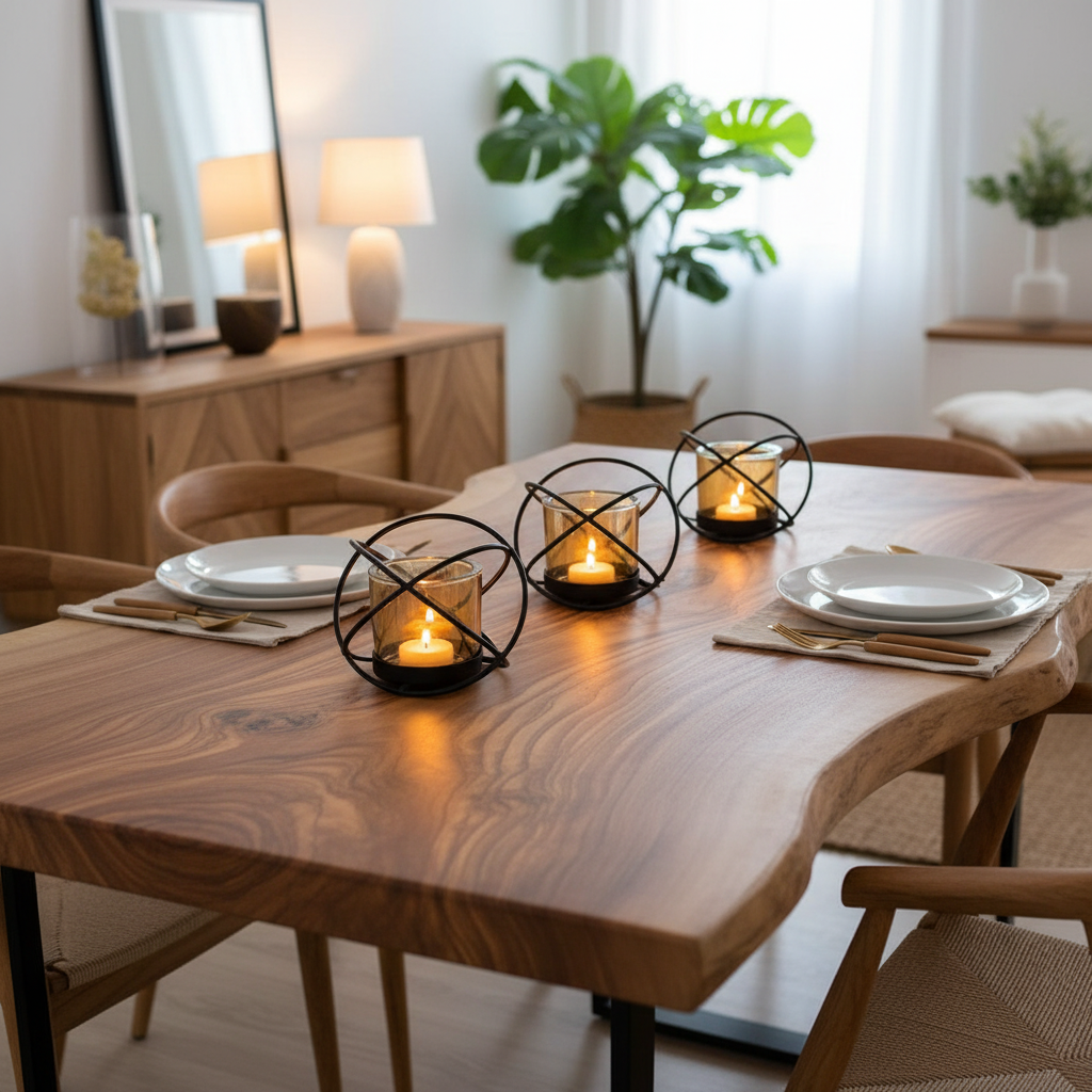 A styled dining table in a warm, modern room setting, featuring three black metal wire-frame candle holders with lit tealight candles. The table is set with white plates, gold cutlery, and neutral napkins, surrounded by wooden chairs.