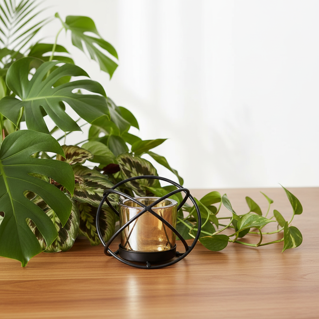 A black metal circular candle holder cradling a small gold glass candle, styled on a wooden table with green houseplants against a white background.