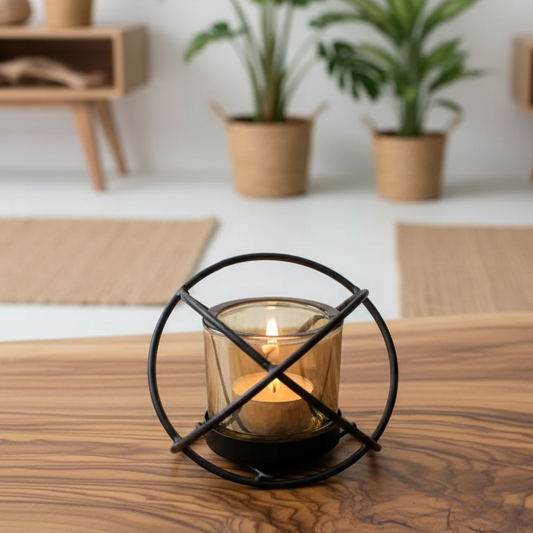 A lit tealight candle in a clear glass holder with a black metal circular cage, placed on a wooden table in a softly blurred indoor setting with potted plants in the background.