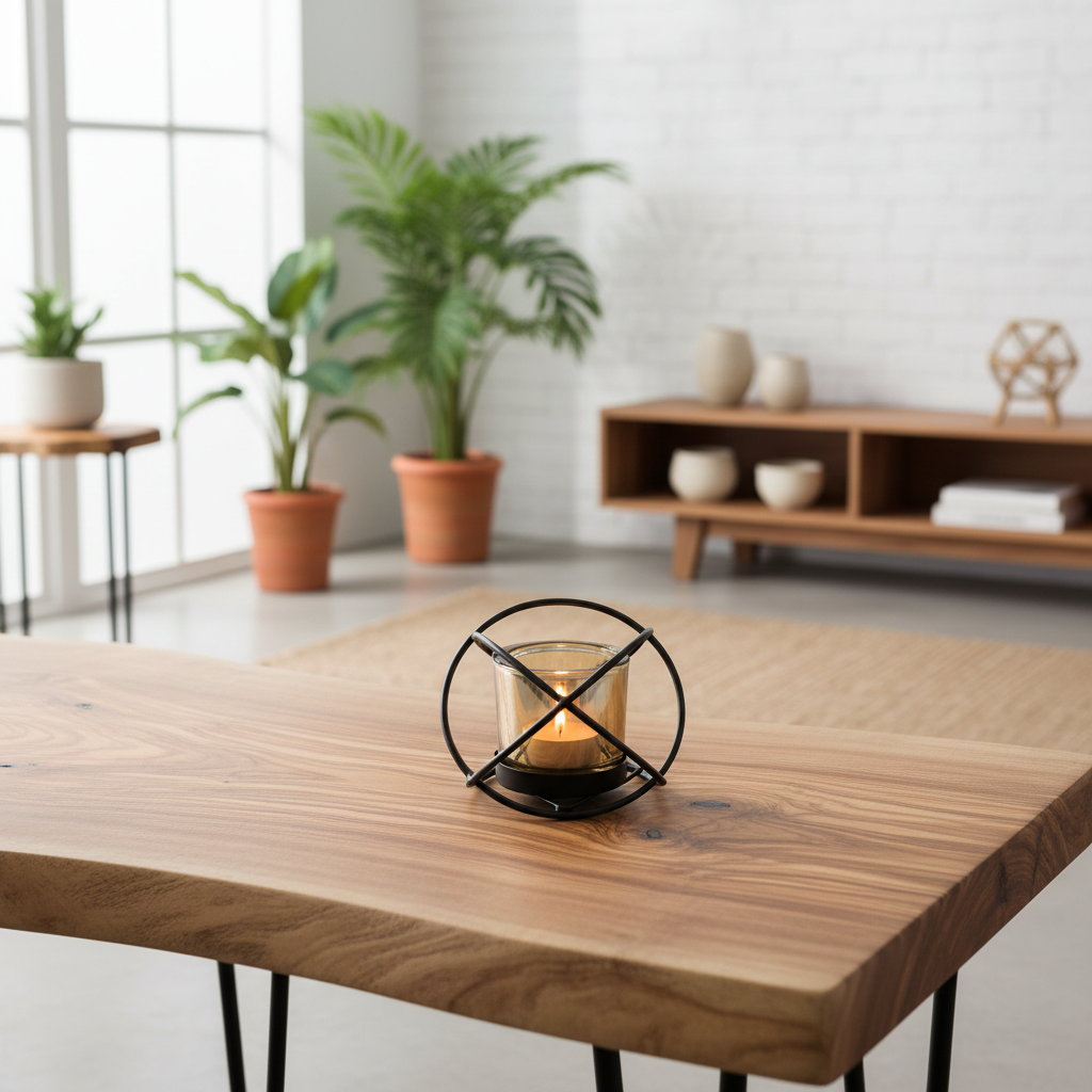 A black metal spherical candle holder with a lit candle inside, placed on a wooden table in a modern, softly lit living room with potted plants and a wooden shelf in the background.