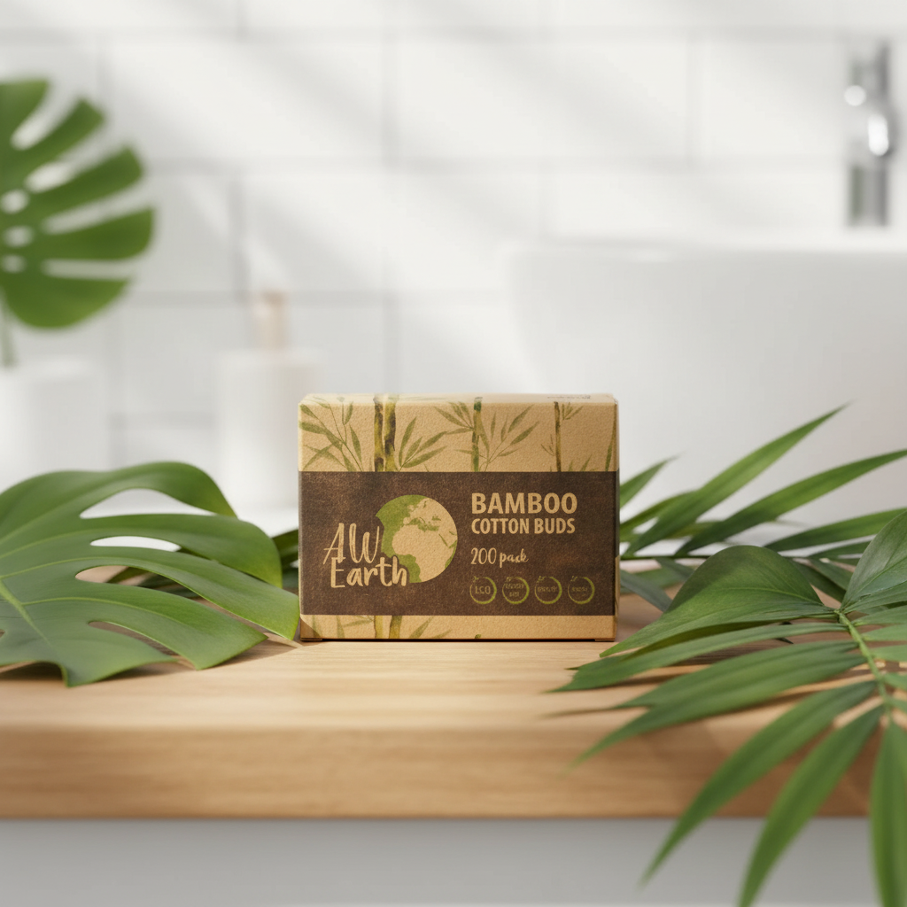 A rectangular box of AW Earth Bamboo Cotton Buds soap sits on a wooden board in a bright bathroom setting, surrounded by green palm leaves.