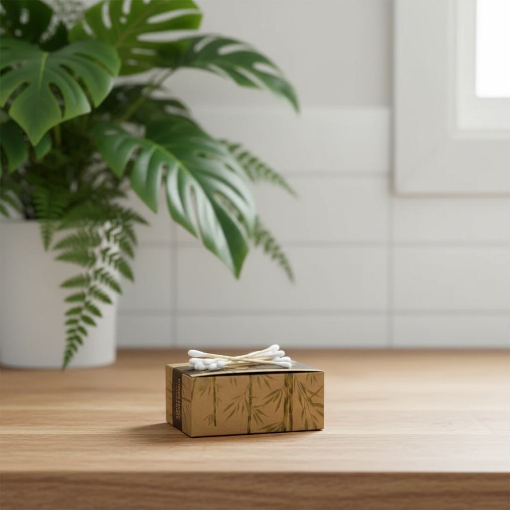 A small rectangular box with bamboo-style printed graphics sits on a light wood tabletop, with a folded stack of white cotton swabs on top. A potted green plant and a bright window are softly blurred in the background.