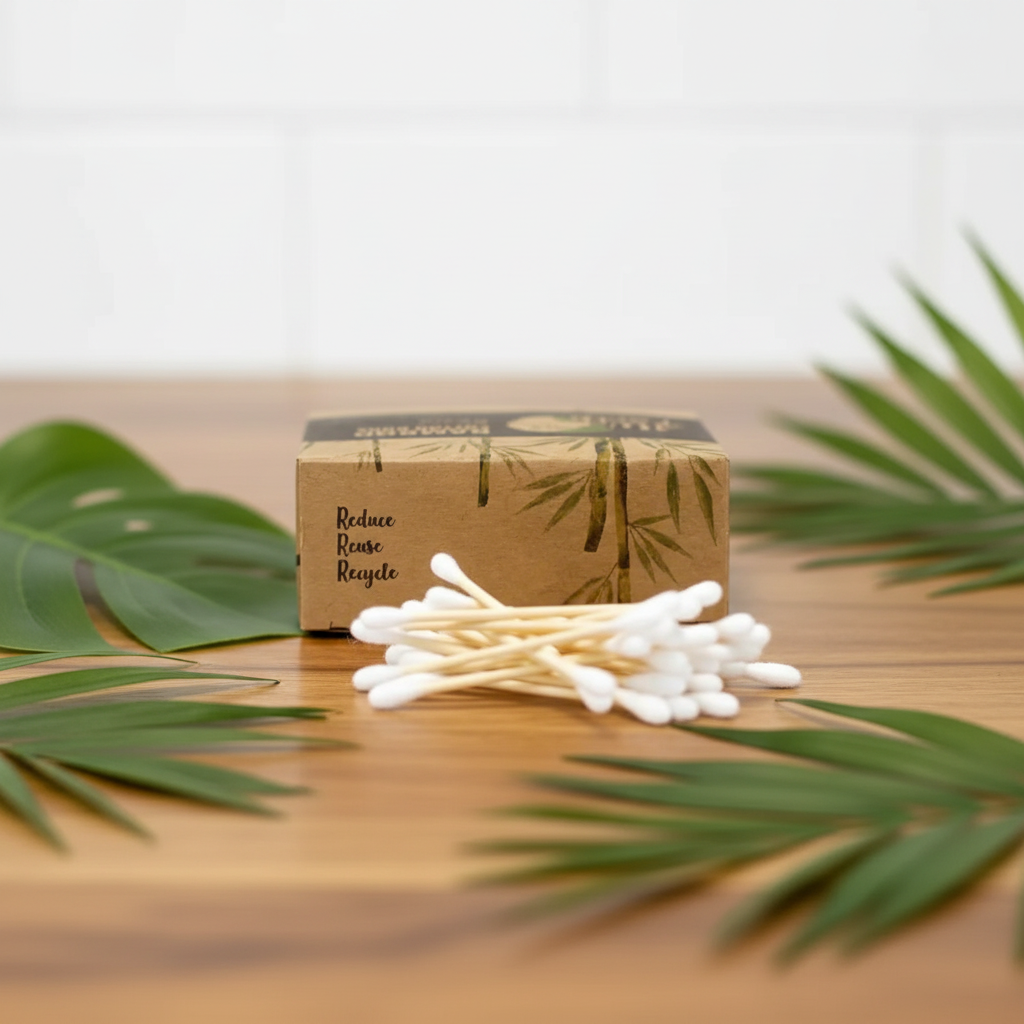 A small kraft paper box with bamboo graphics sits on a wooden surface, with a pile of white cotton swabs in front. Green palm leaves frame the scene against a soft white tiled background.