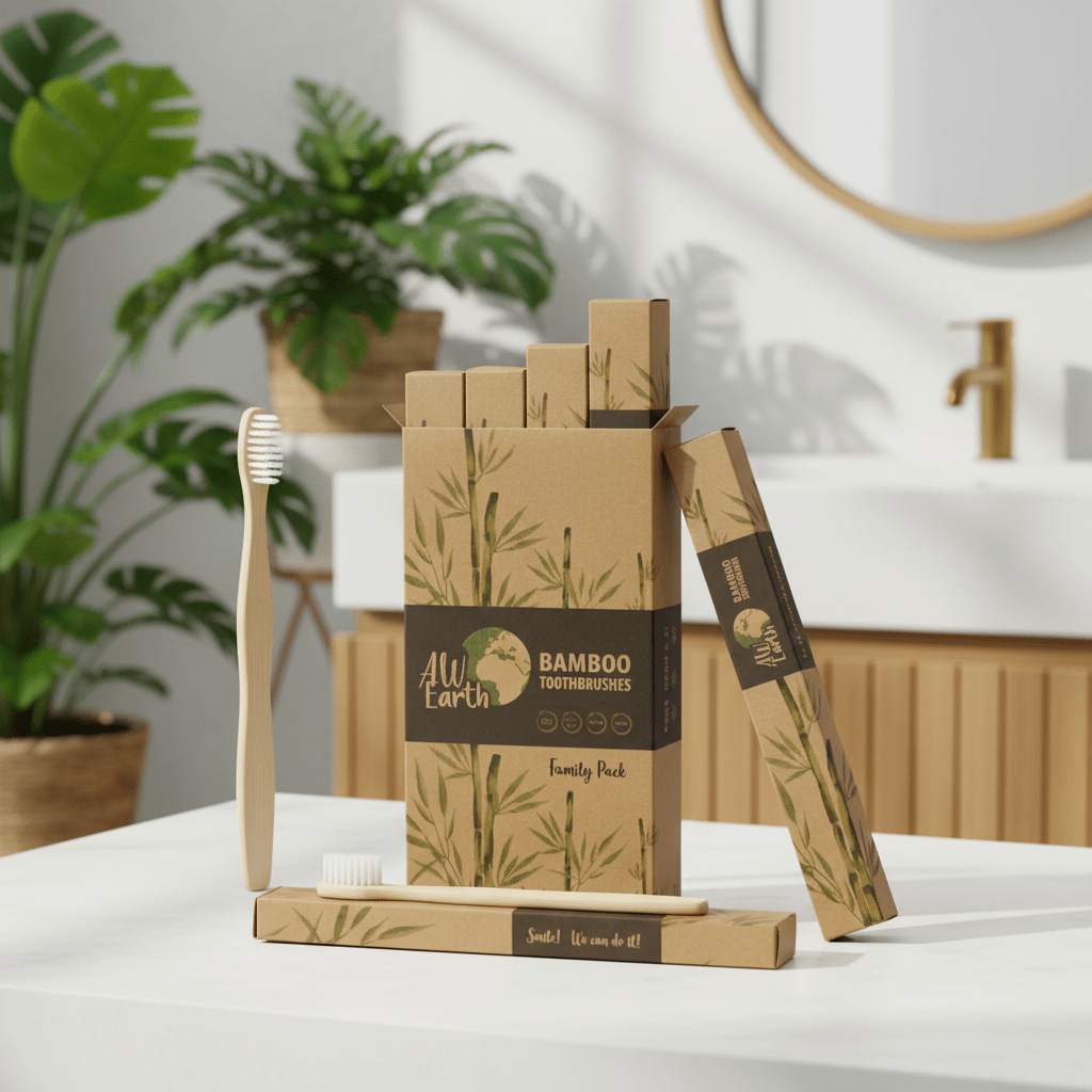 Bamboo toothbrushes and packaging with 'Aw Earth' branding on a bathroom counter.