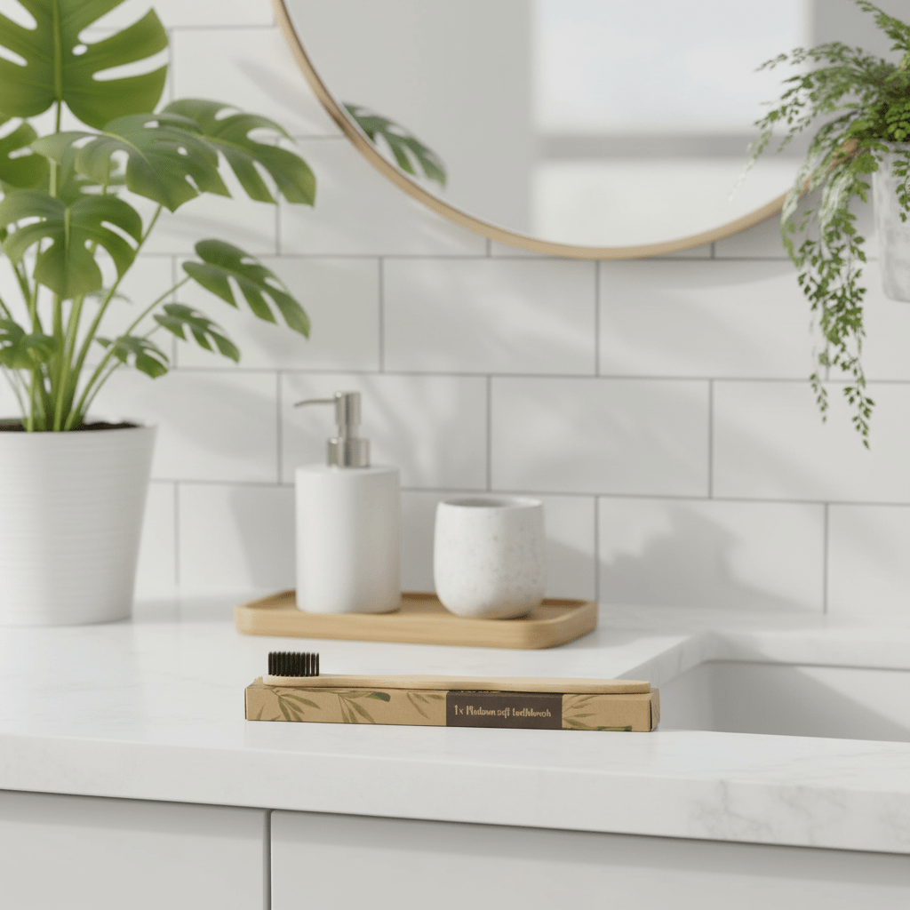Bathroom counter with toiletries, a wooden toothbrush, and plants on a tiled wall background