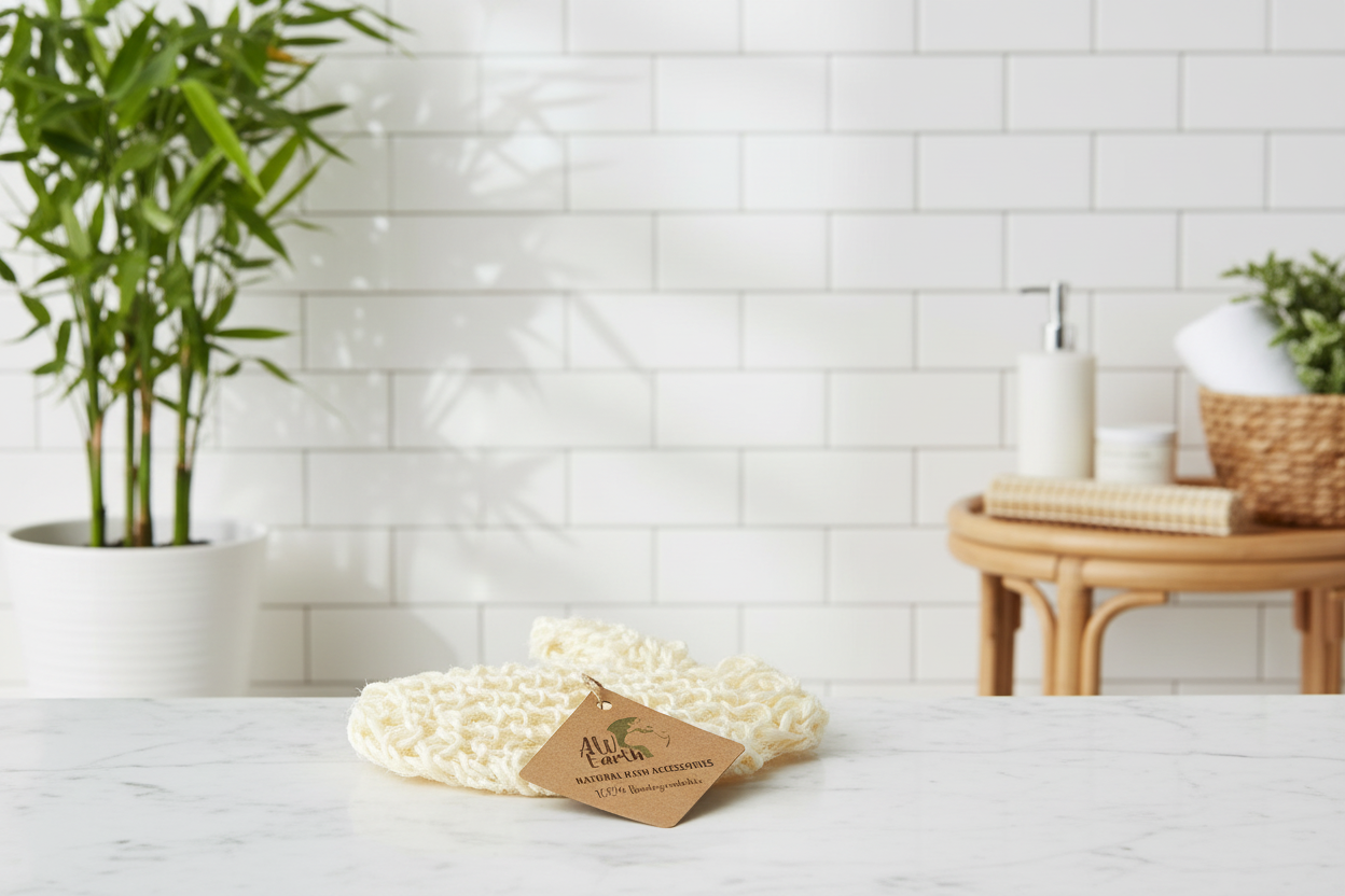Eco-friendly bath glove on a white surface with a plant and bathroom items in the background