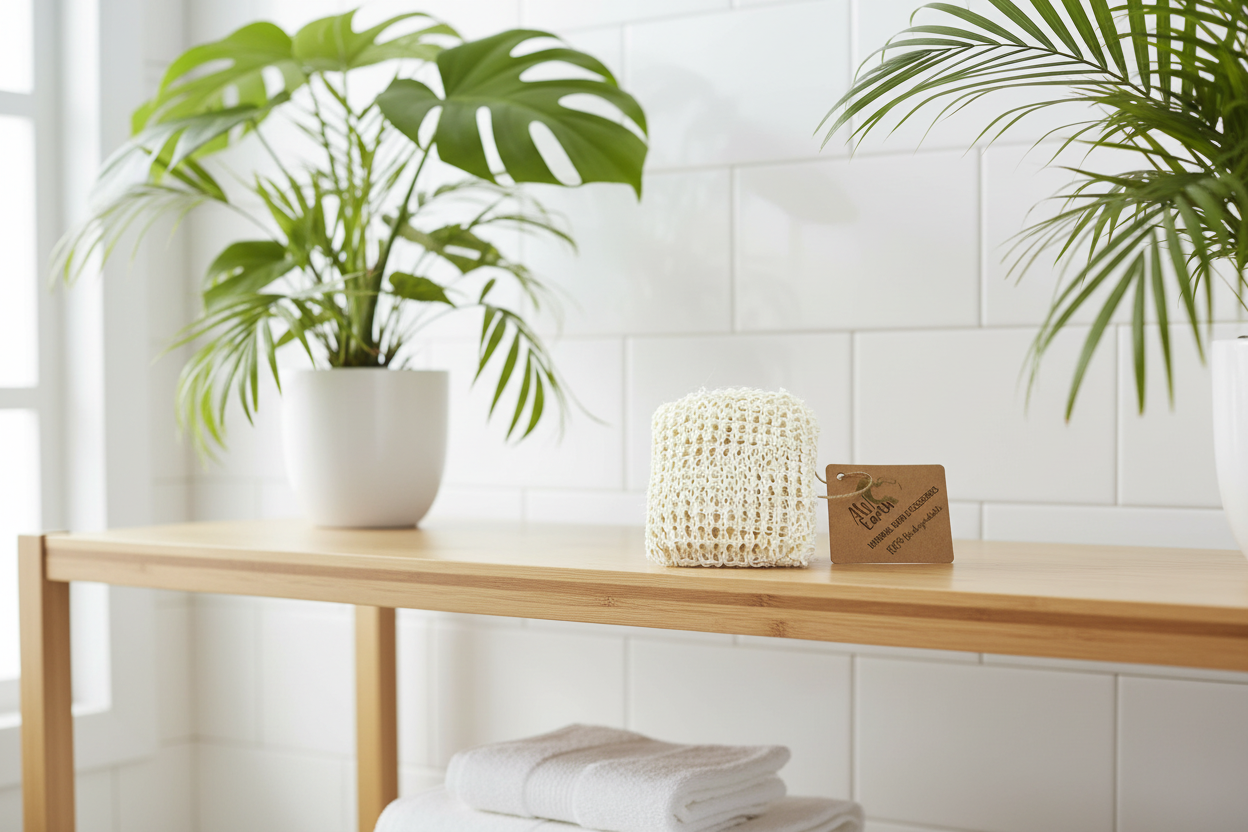 Wooden shelf with folded towels, a woven basket, and an eco-friendly bath sponge against a white tiled wall.