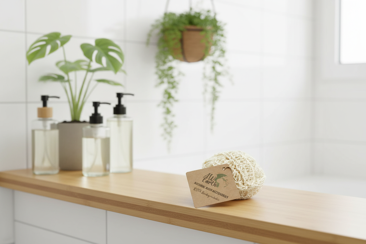Bathroom shelf with skincare products and a loofah on a light wooden surface.