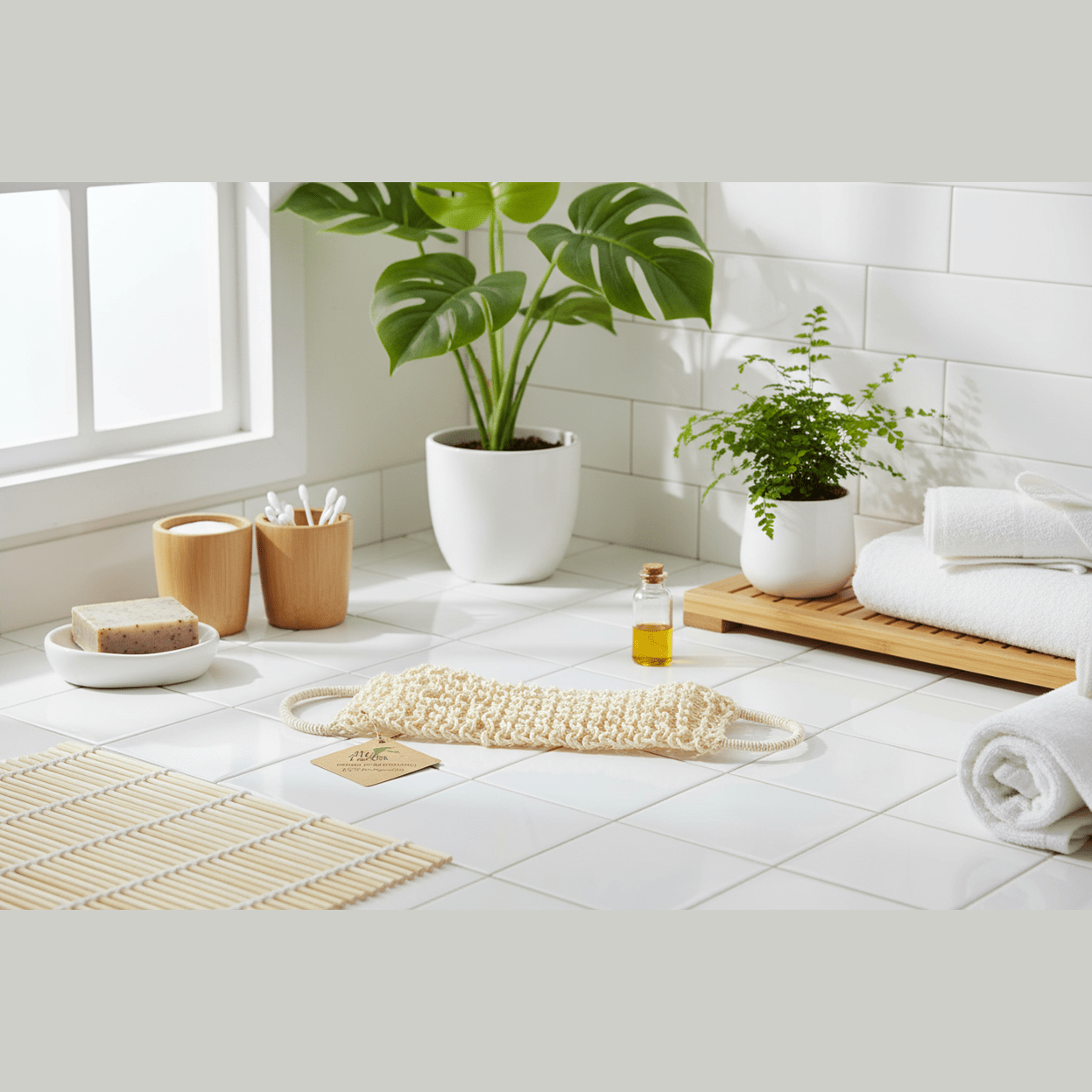 Bathroom with white tiles, plants, and bath items