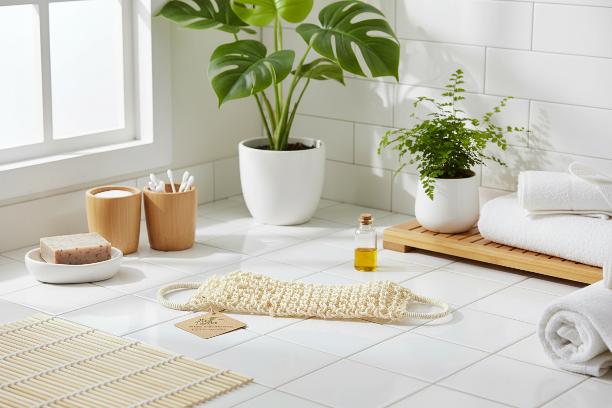 Bathroom with white tiles, plants, and bath items