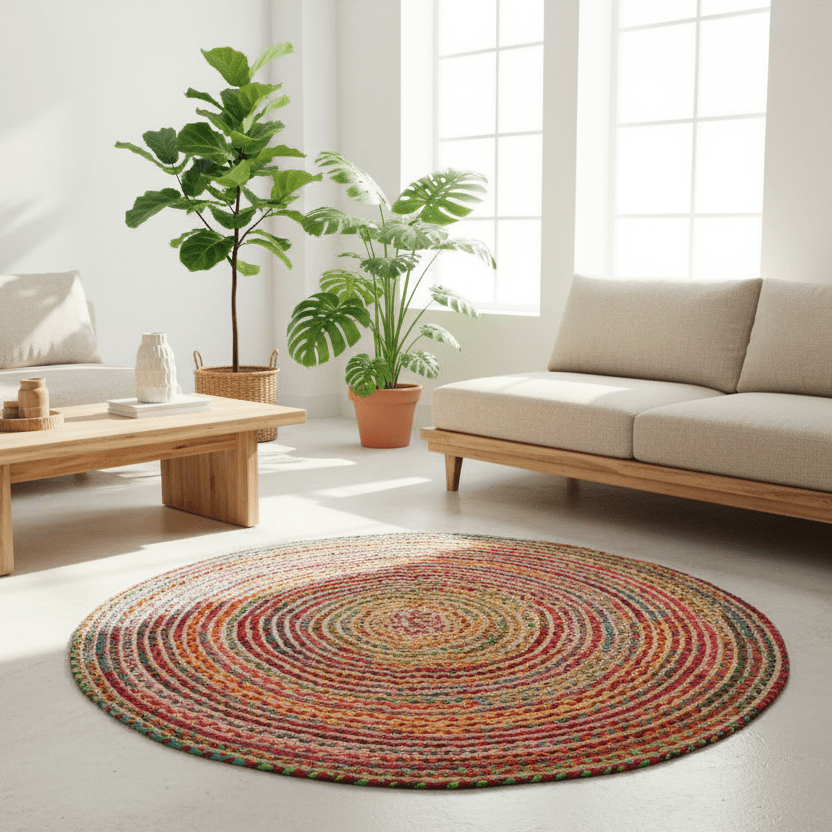Living room with a colorful round rug, beige sofa, wooden coffee table, and plants.