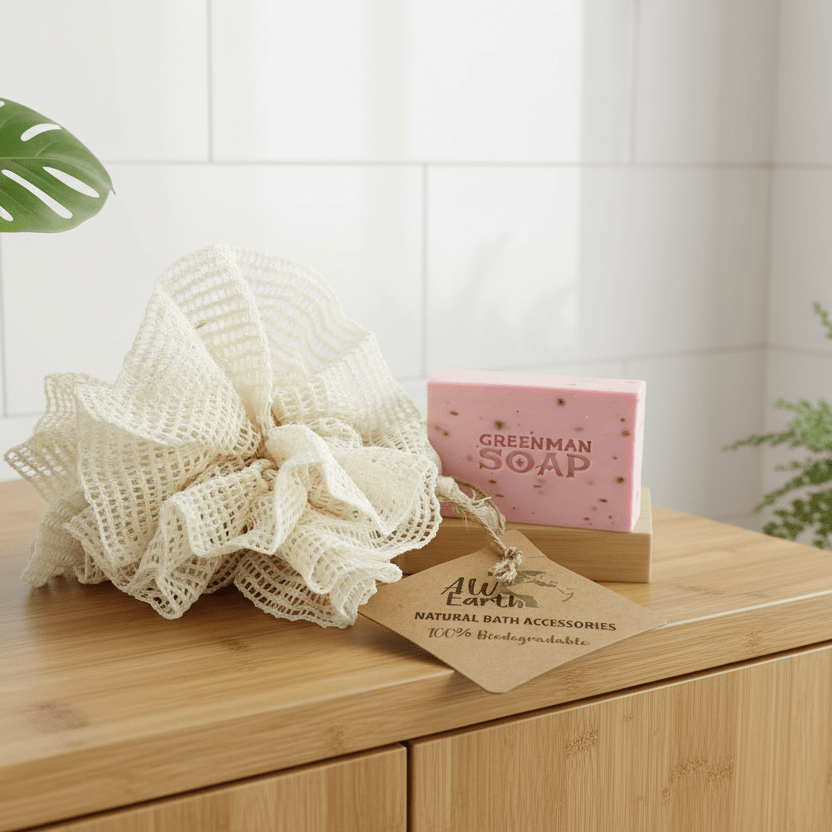 An eco-friendly bath scrunchie, soap bar, and card on a wooden surface with plants in the background