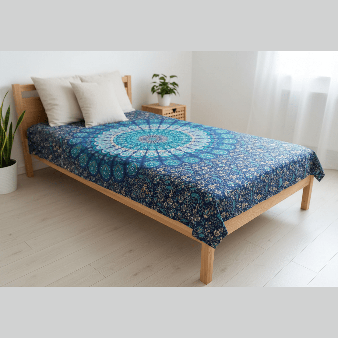 Bed with a blue patterned cover in a bright room