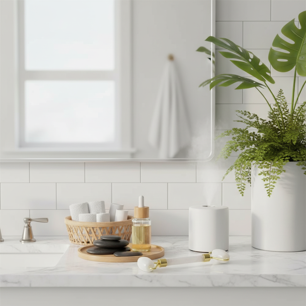 Gemstone face roller, in a modern white bathroom, with bamboo wood, eco-friendly decor, and exotic green plants, professional product photography