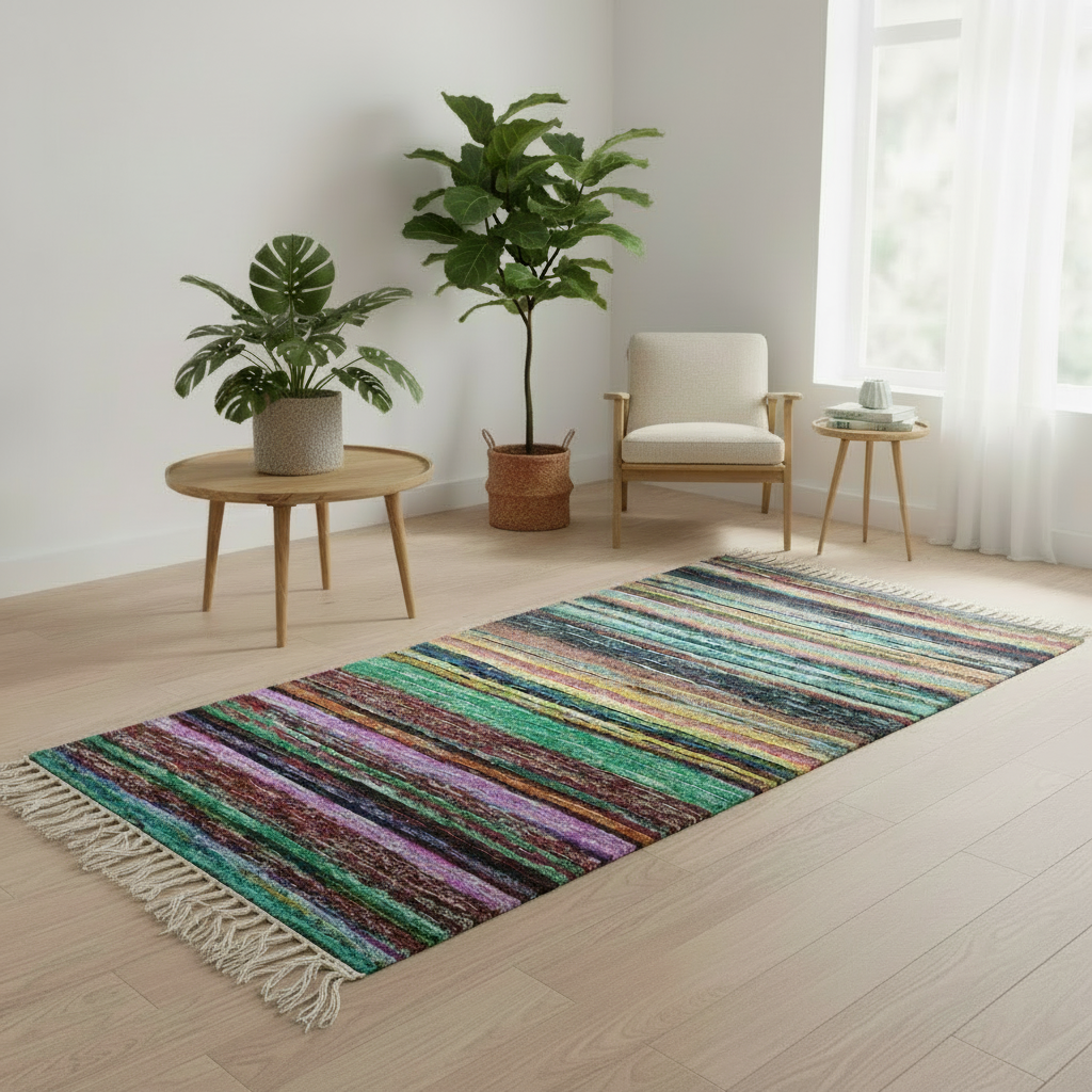 Colorful striped rug on a wooden floor with a chair, tables, and plants in a room.
