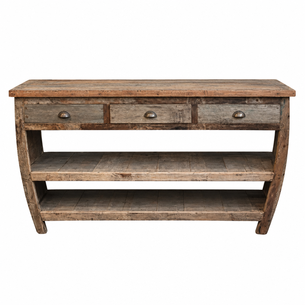 Upcycled teak wood sideboard with three drawers, metal cup handles and two open shelves on a white background