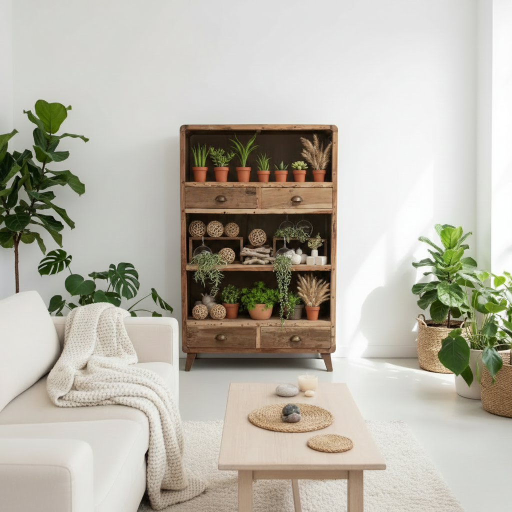 A rustic wooden three-tier cabinet with drawers, styled with potted plants and decorative items, set in a bright, modern living room next to a white sofa and coffee table.