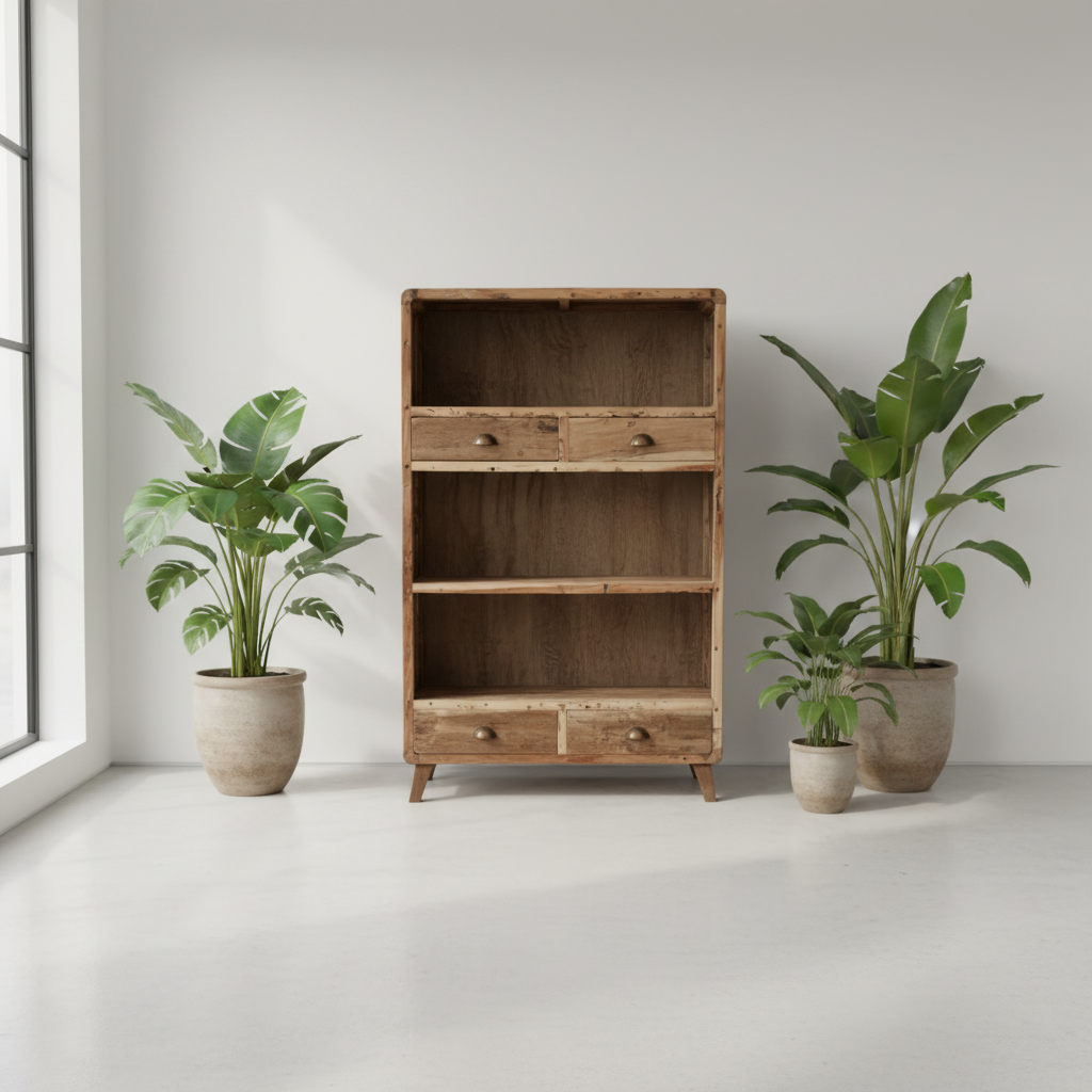 A rustic wooden bookcase with four drawers and open shelves stands in a bright room, flanked by two potted green plants.