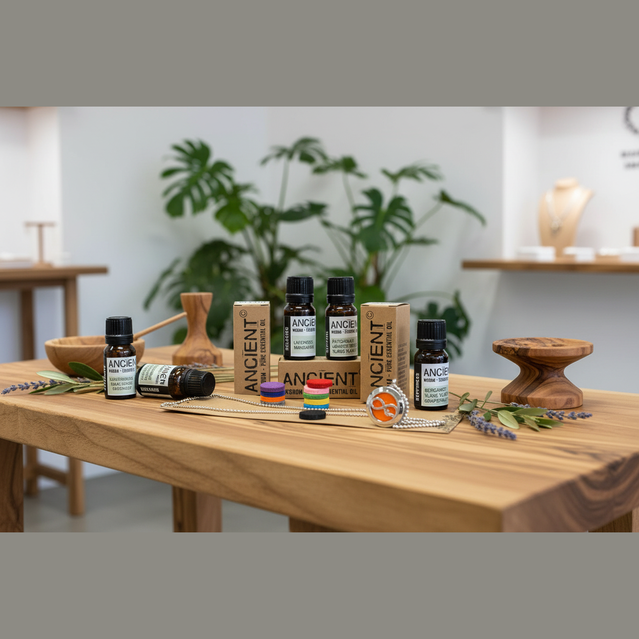 Collection of ANCIENT AROMAS essential oil bottles on a wooden table with plants in the background.