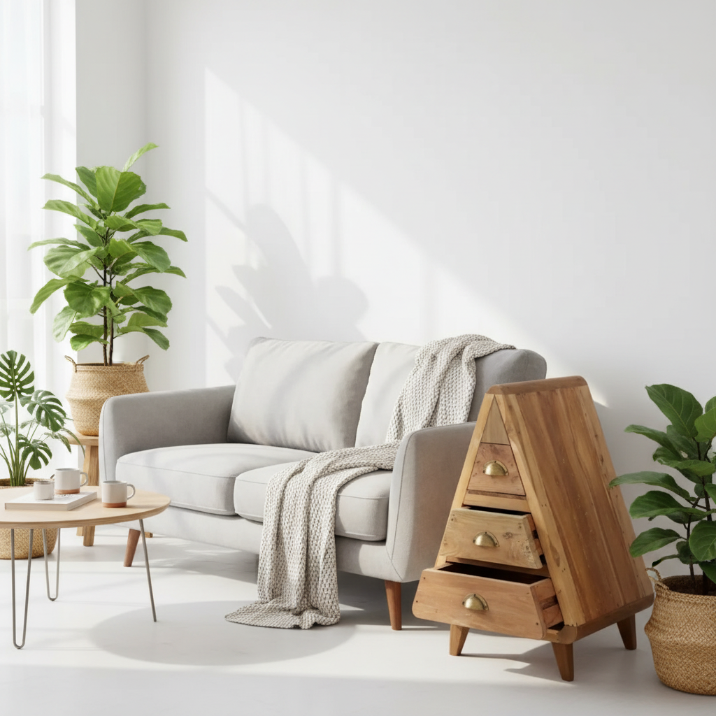 A styled living room scene featuring a light grey sofa with a textured cream throw blanket, a wooden three-drawer set with brass knobs, and potted plants against a white wall with soft window shadows.