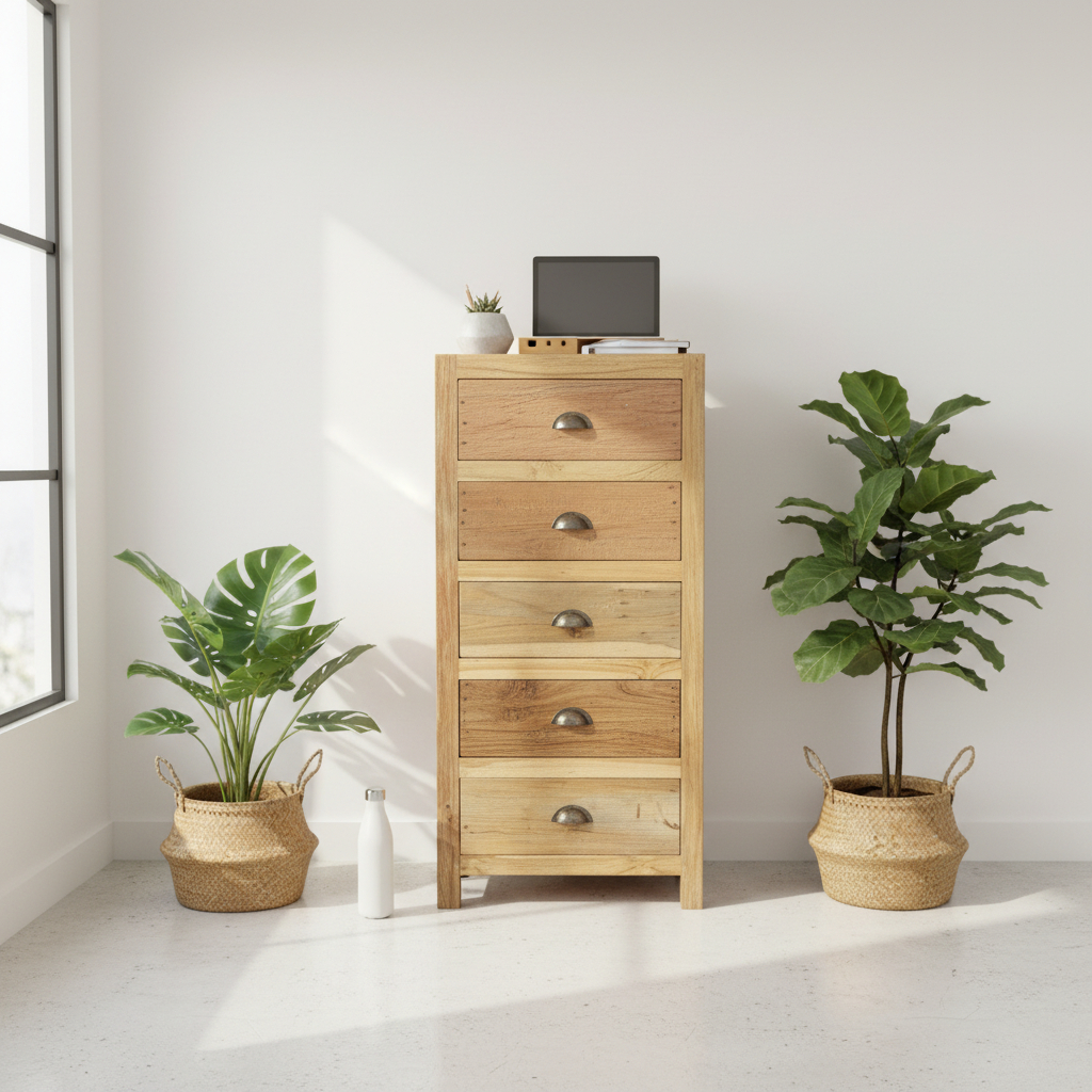 A tall wooden five-drawer chest of drawers stands in a bright room, flanked by two potted green plants in woven baskets. The chest has a natural light wood finish and round metal drawer pulls.