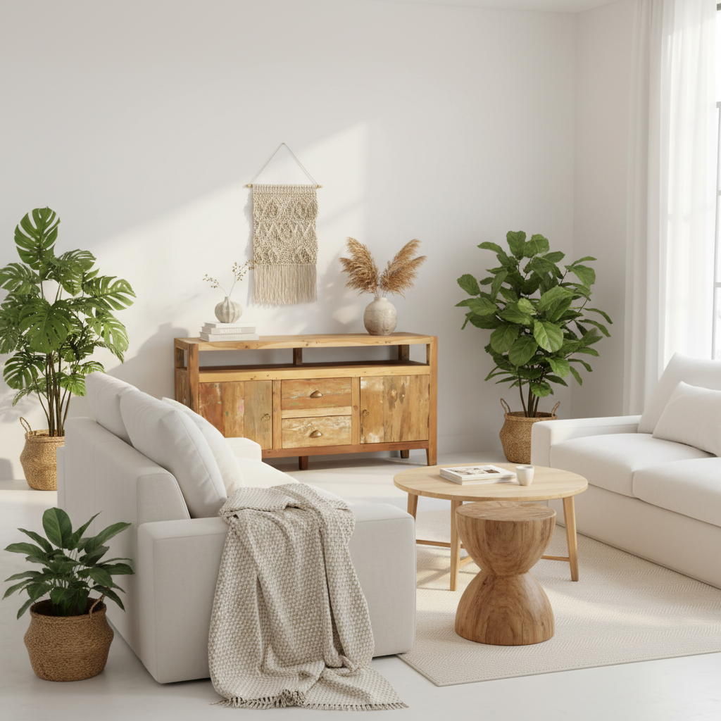 A bright, modern living room with white sofas, a light wood credenza, a round wooden coffee table, and multiple potted green plants. A beige knit throw blanket is draped over the left sofa, and a macrame wall hanging decorates the wall above the credenza.