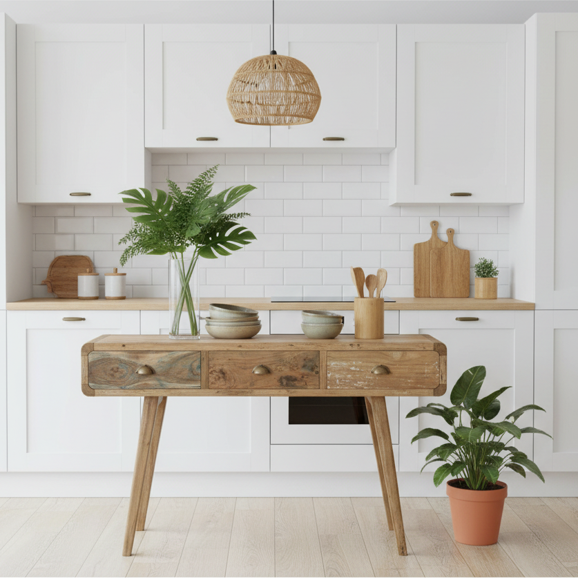 An upcycled console table in a white farmhouse kitvhen