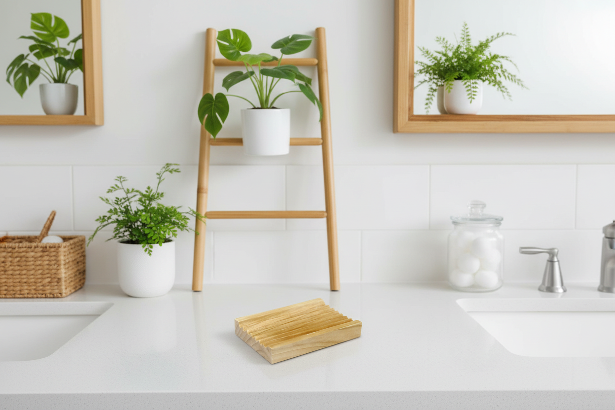 Modern bathroom with white countertops, a wooden ladder, and potted plants.