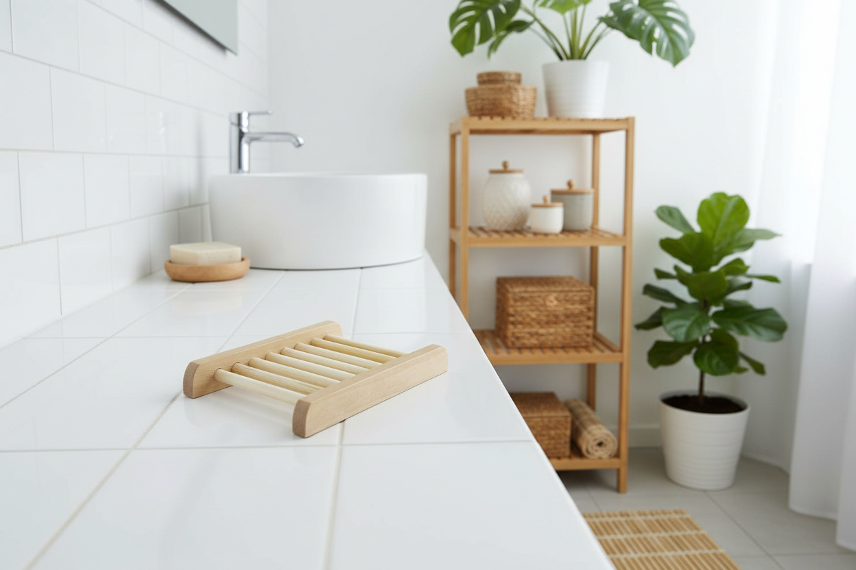 Bathroom with white tiles, a wooden shelf, and plants
