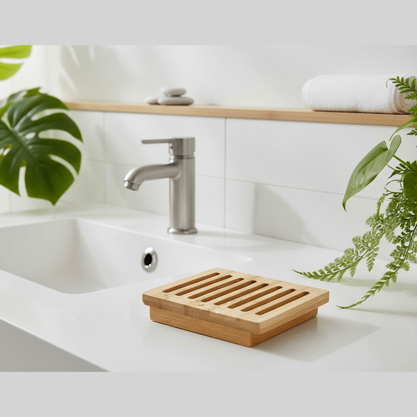 Bamboo soap drying rack on a bathroom sink with plants and a shelf in the background