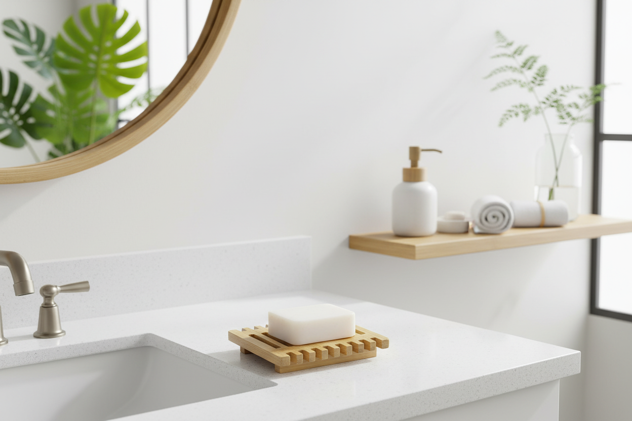 Bathroom counter with sink, soap on a wooden dish, and a mirror reflecting green leaves.