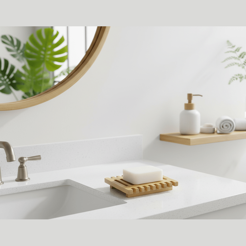 Bathroom counter with sink, soap on a wooden dish, and a mirror reflecting green leaves.