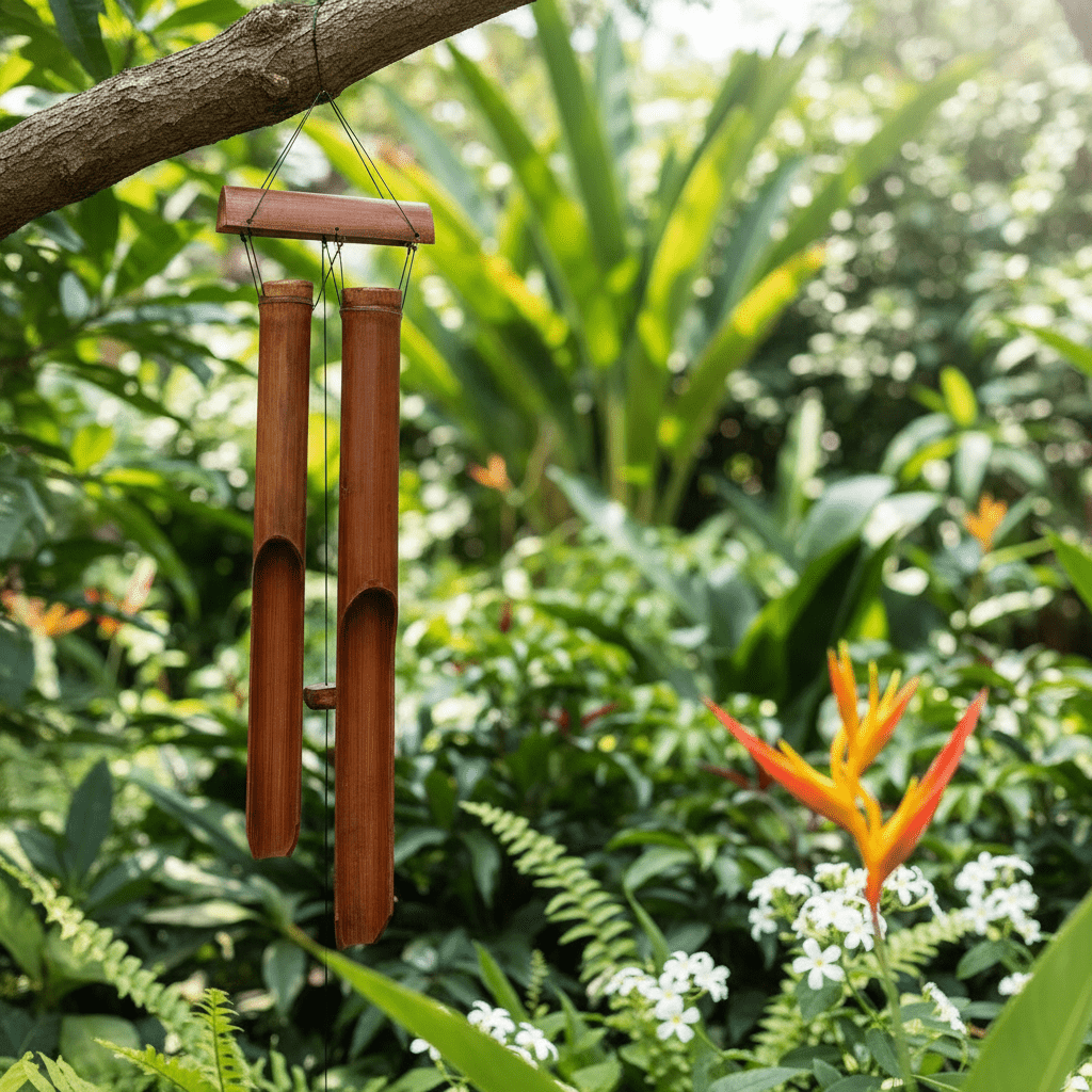 Bamboo wind chime hanging from a tree branch in a lush garden setting.