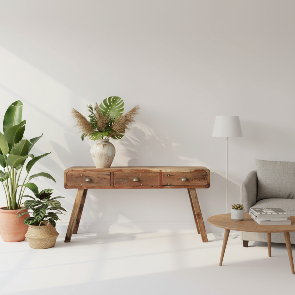A rustic wooden console table with three drawers and angled legs, styled in a bright, modern living room with potted plants, a vase of greenery, a floor lamp, and a gray sofa.