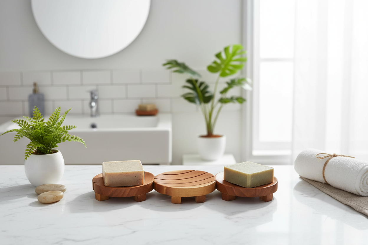 Bathroom setting with soap on a wooden tray, plants, and a towel.