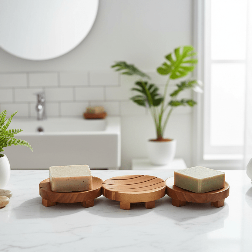 Bathroom setting with soap on a wooden tray, plants, and a towel.