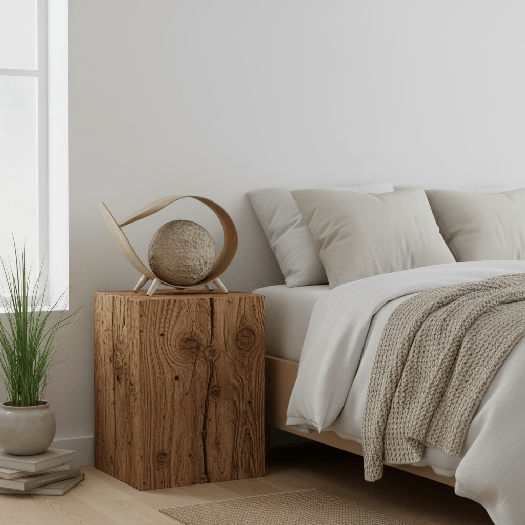 A natural coconut lamp in a modern bedroom with a wooden nightstand, bed, and decor elements.
