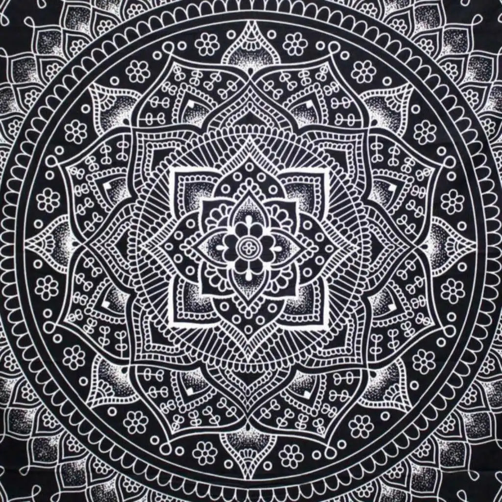 Ancient Wisdom Indian Cotton Bedspread Wall Hanging Double - Lotus Flower - Black & White Home & Garden > Linens & Bedding > Bedding > Cotton Bedspreads > Artisan Cotton Bedspread Wall Hanging > Mandala Black and White > Double Black and White Bedcover emmy-jane-boutique.myshopify.com