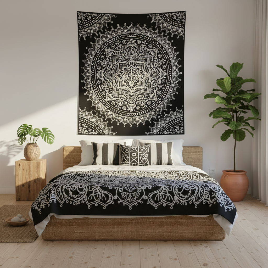 A black and white bohemian mandala cotton wall hanging is displayed on a white wall above a bed in a styled bedroom. The throw features an intricate circular mandala pattern.