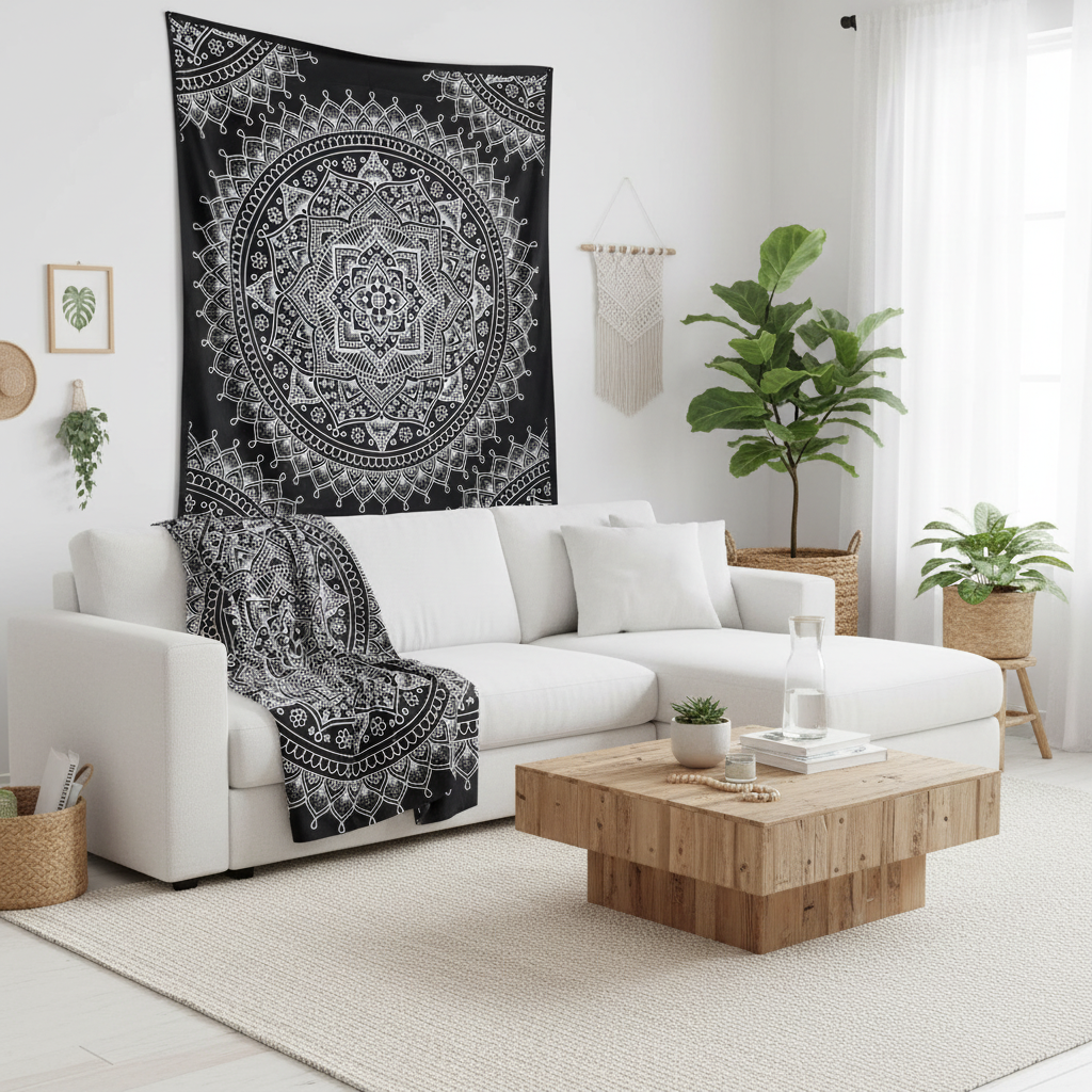 A black and white bohemian mandala bedspread is displayed as a wall hanging in a bright, modern living room above a white sectional sofa with a matching throw blanket.