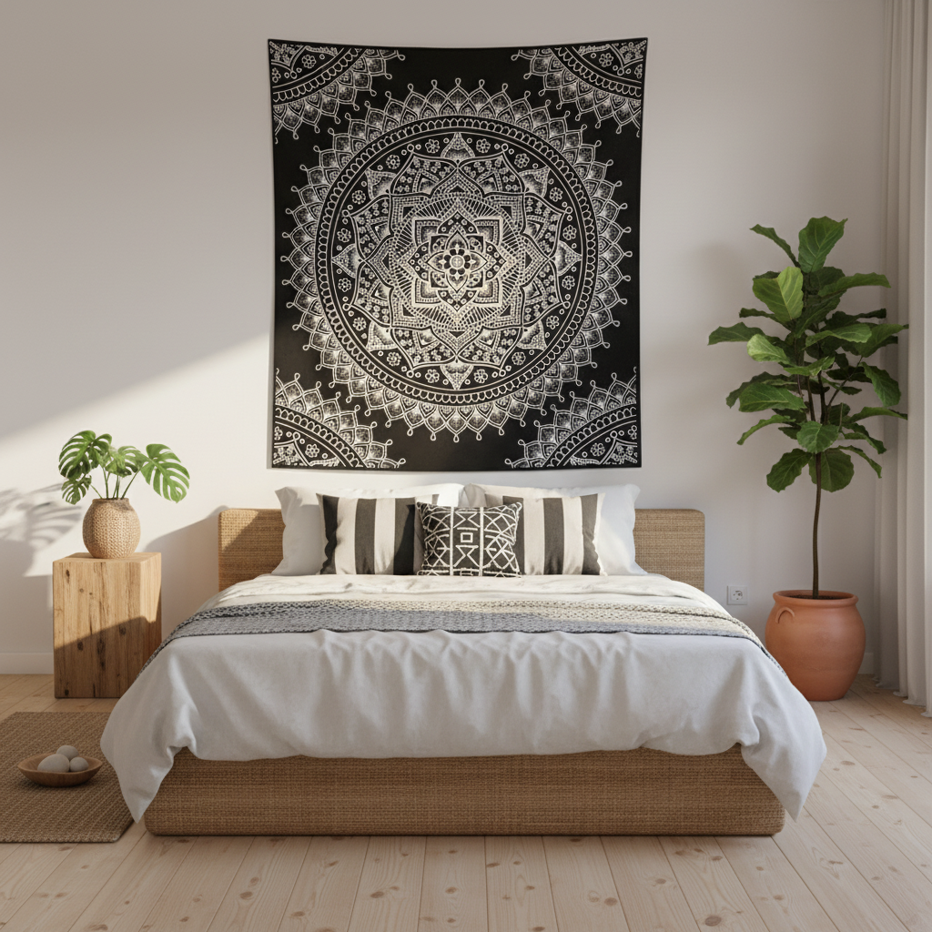 A black and white bohemian mandala tapestry hangs on a light beige wall above a bed with white bedding and patterned pillows in a styled bedroom.