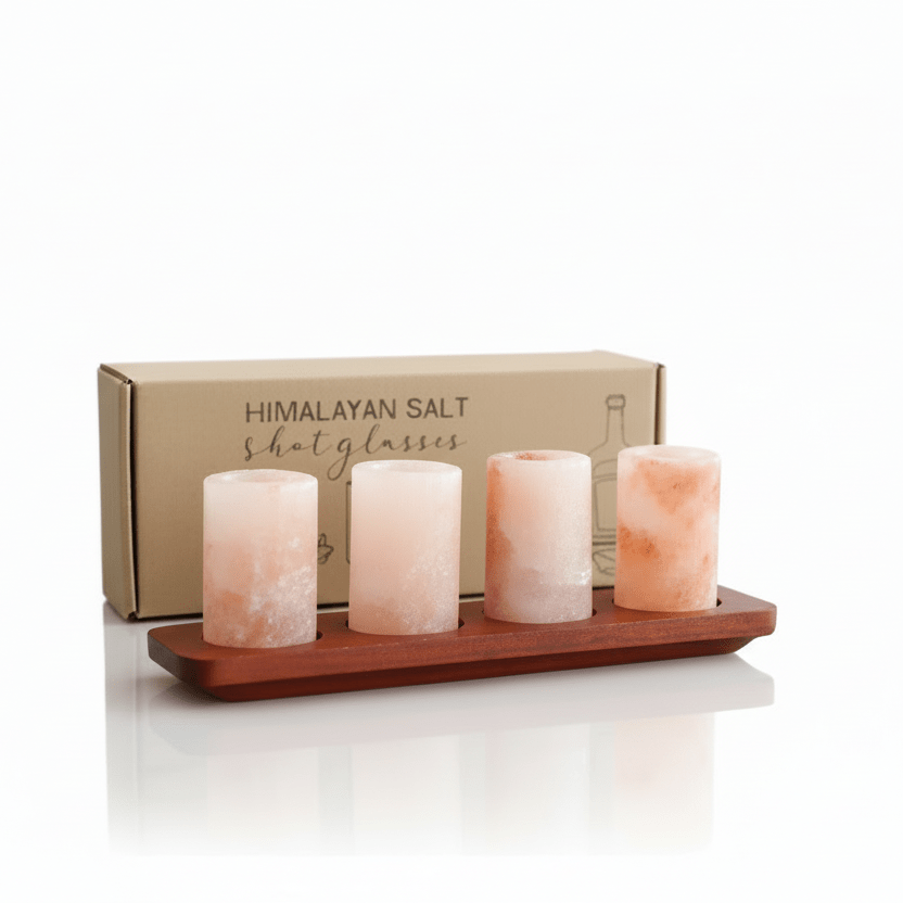Himalayan Salt Shot Glasses & Wood Serving Stand - Gift Set of 2 or 4
