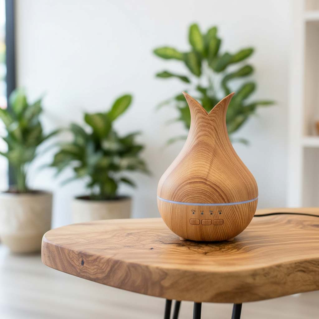 A  diffuser with a natural oak grain finish sits on a live-edge wooden table in a bright, modern room with blurred potted plants in the background.