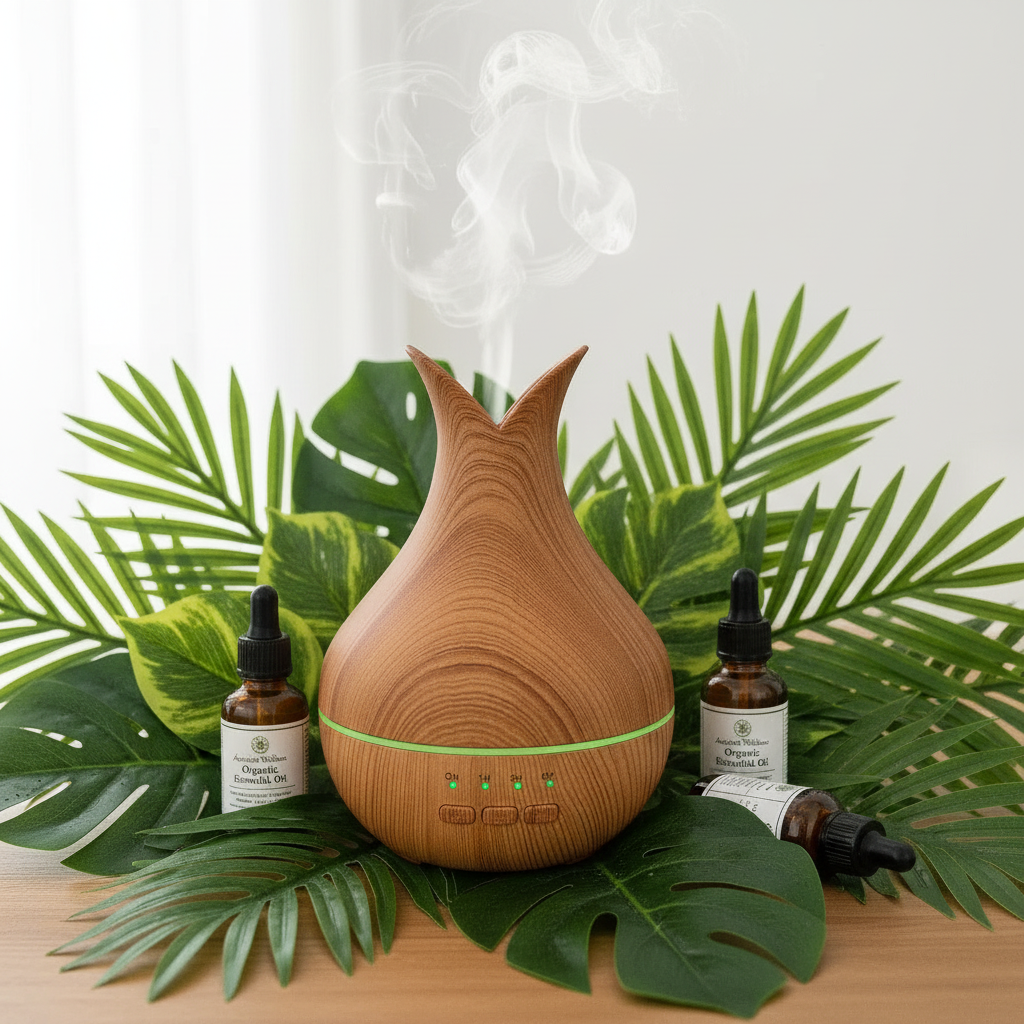 A wooden diffuser with a wood-grain finish sits on a tabletop surrounded by green palm and monstera leaves, with a stream of white mist rising from the top. Two small dropper bottles labeled 'Cologneses Dream Diffuser' are placed on either side of the diffuser.